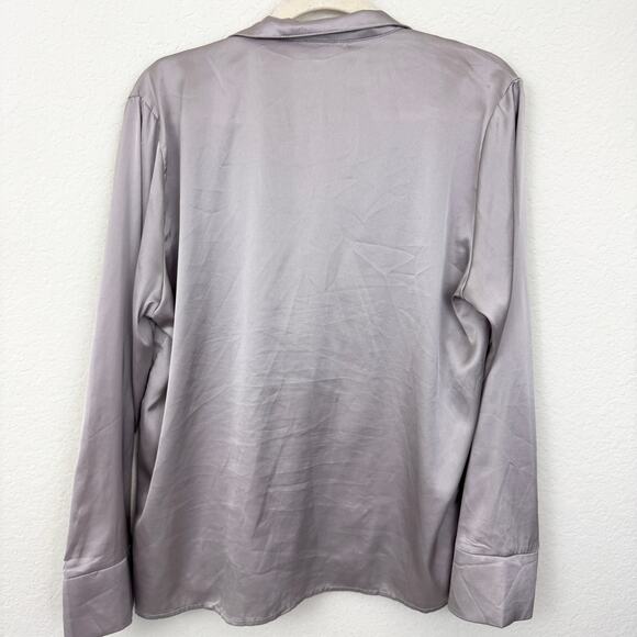 Mable Womens Long Sleeve Satin Top Blouse Size M Flowy Collared Neutral Gray - Picture 3 of 9